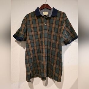 Eddie Bauer Polo Plaid Shirt Sz Large Green Tan Collar 90s Y2K Vintage Mens